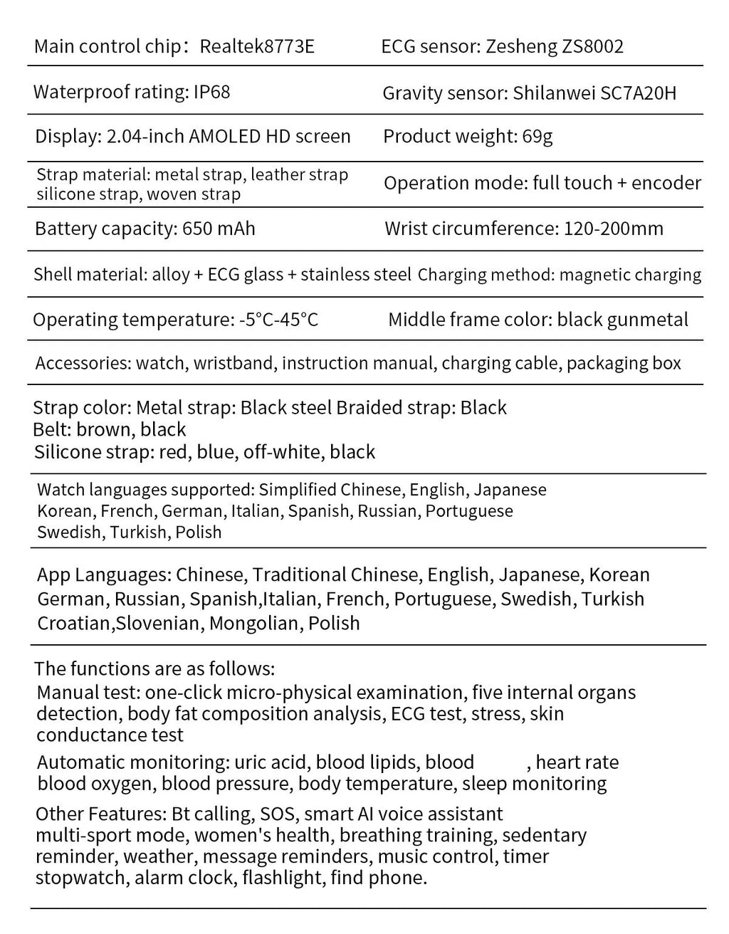 AMOLED Health Smartwatch with ECG, Blood Oxygen, Blood Pressure & Body Fat Tracking