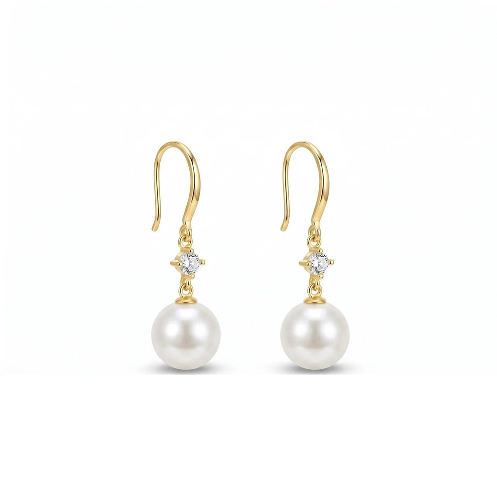 Gold Plated 925 Sterling Silver Pearl Drop Earrings with Zirconia Accent on White Background