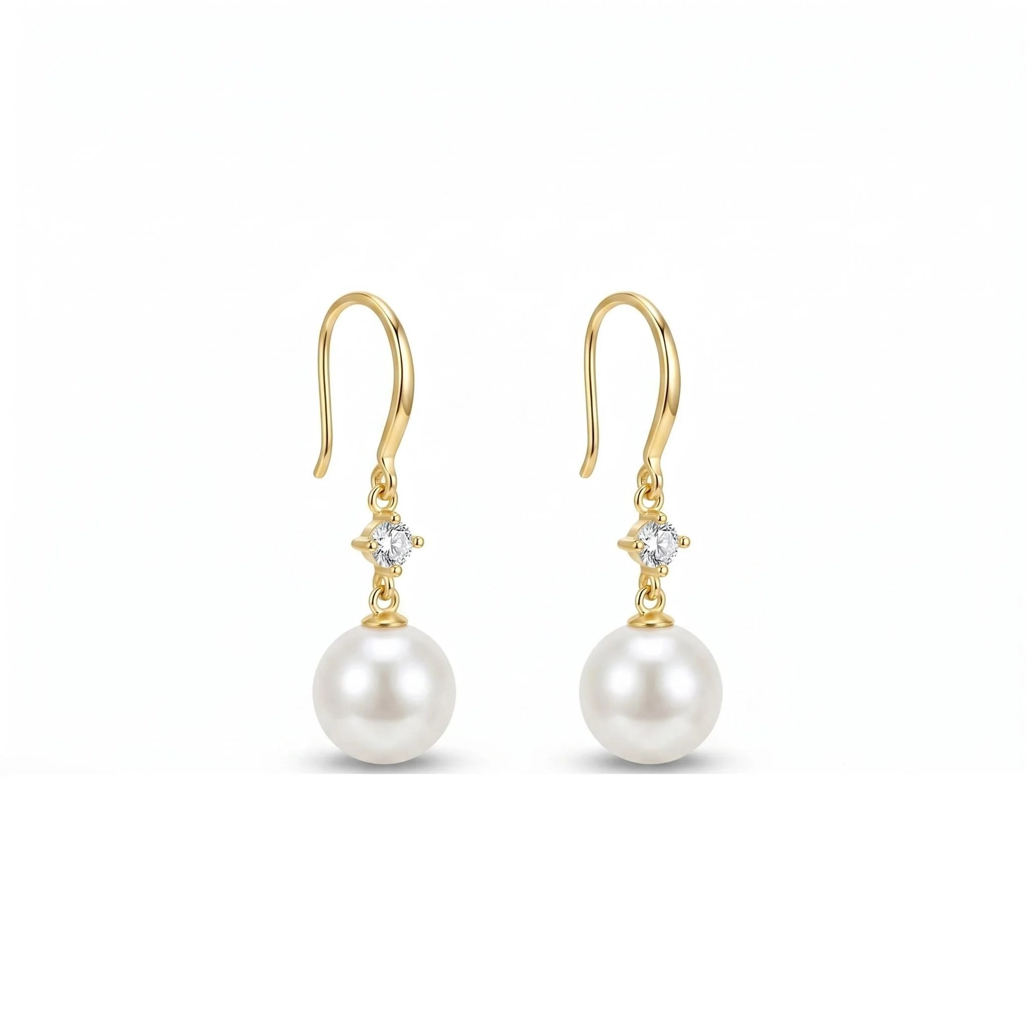 Gold Plated 925 Sterling Silver Pearl Drop Earrings with Zirconia Accent on White Background