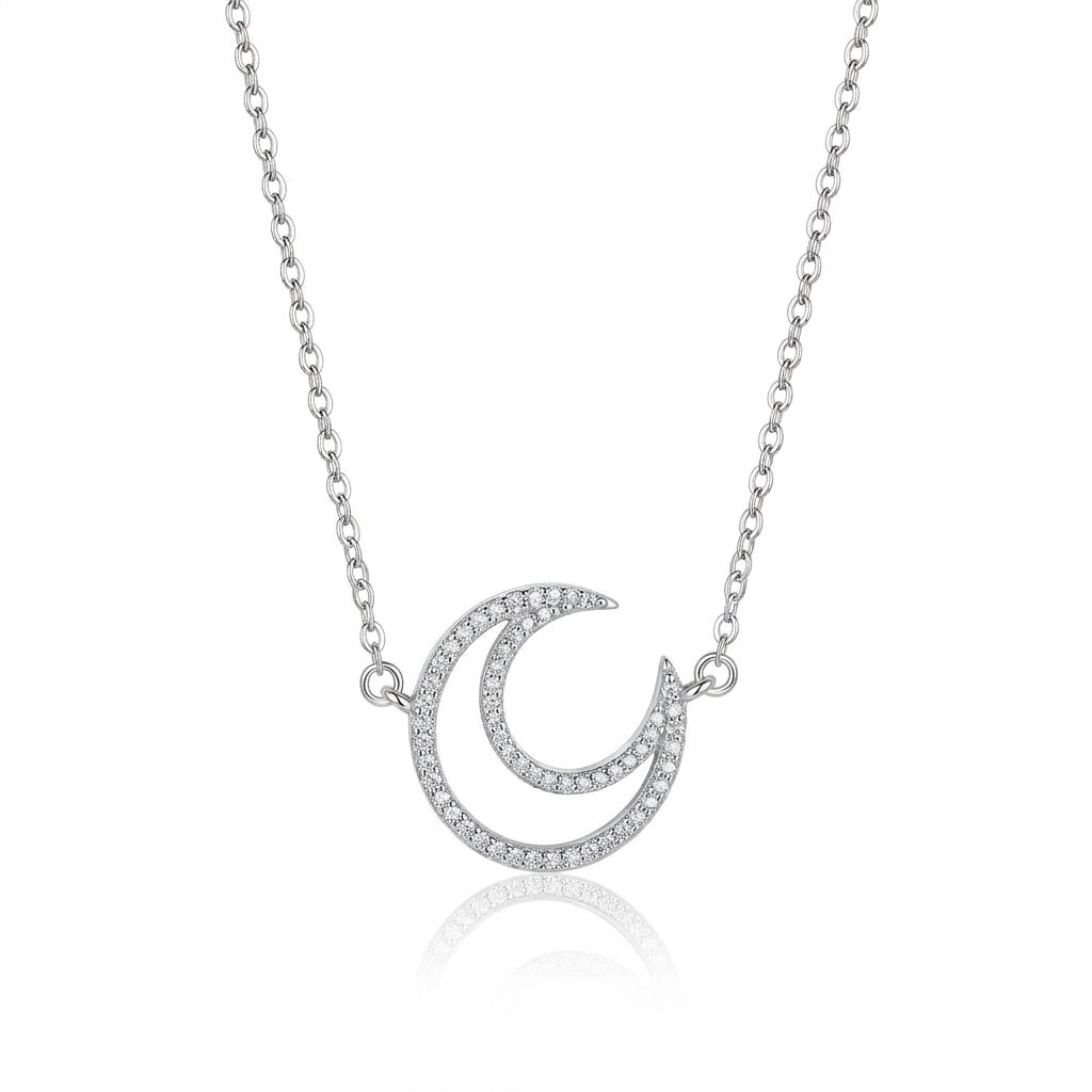 925 Sterling Silver Diamond Halo Crescent Moon Pendant Necklace with AAAA Zirconia