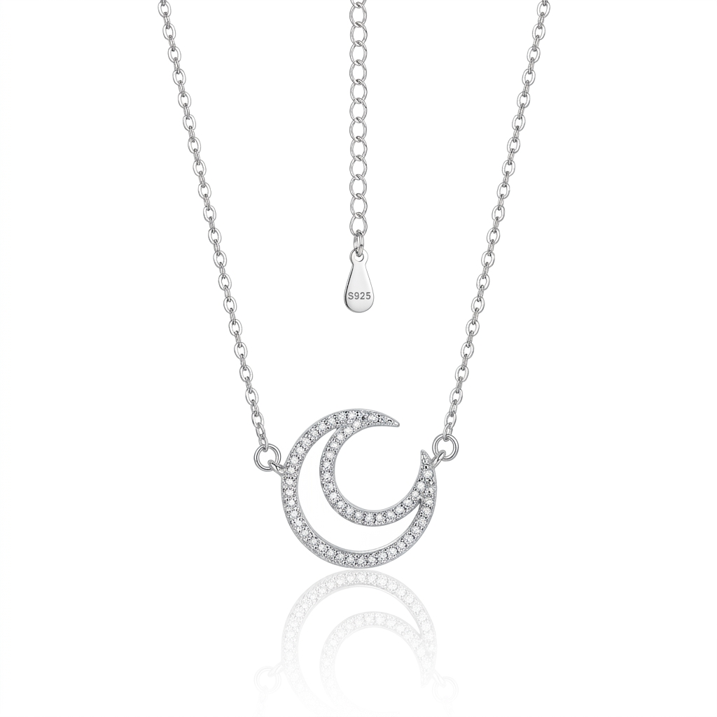 Crescent moon pendant necklace crafted from 925 sterling silver with sparkling zirconia stones