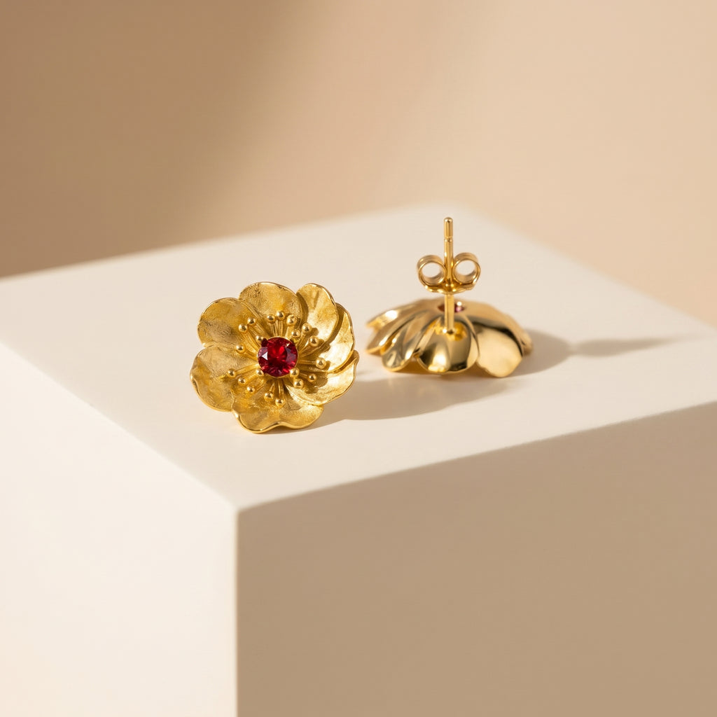 18K Gold Plated Sterling Silver Flower Stud Earrings with Red Tourmaline and Secure Butterfly Back
