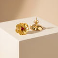 18K Gold Plated Sterling Silver Flower Stud Earrings with Red Tourmaline and Secure Butterfly Back