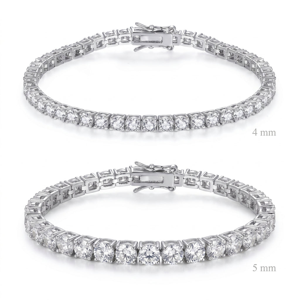 Comparison of silver plated tennis bracelets in 4 mm and 5 mm widths