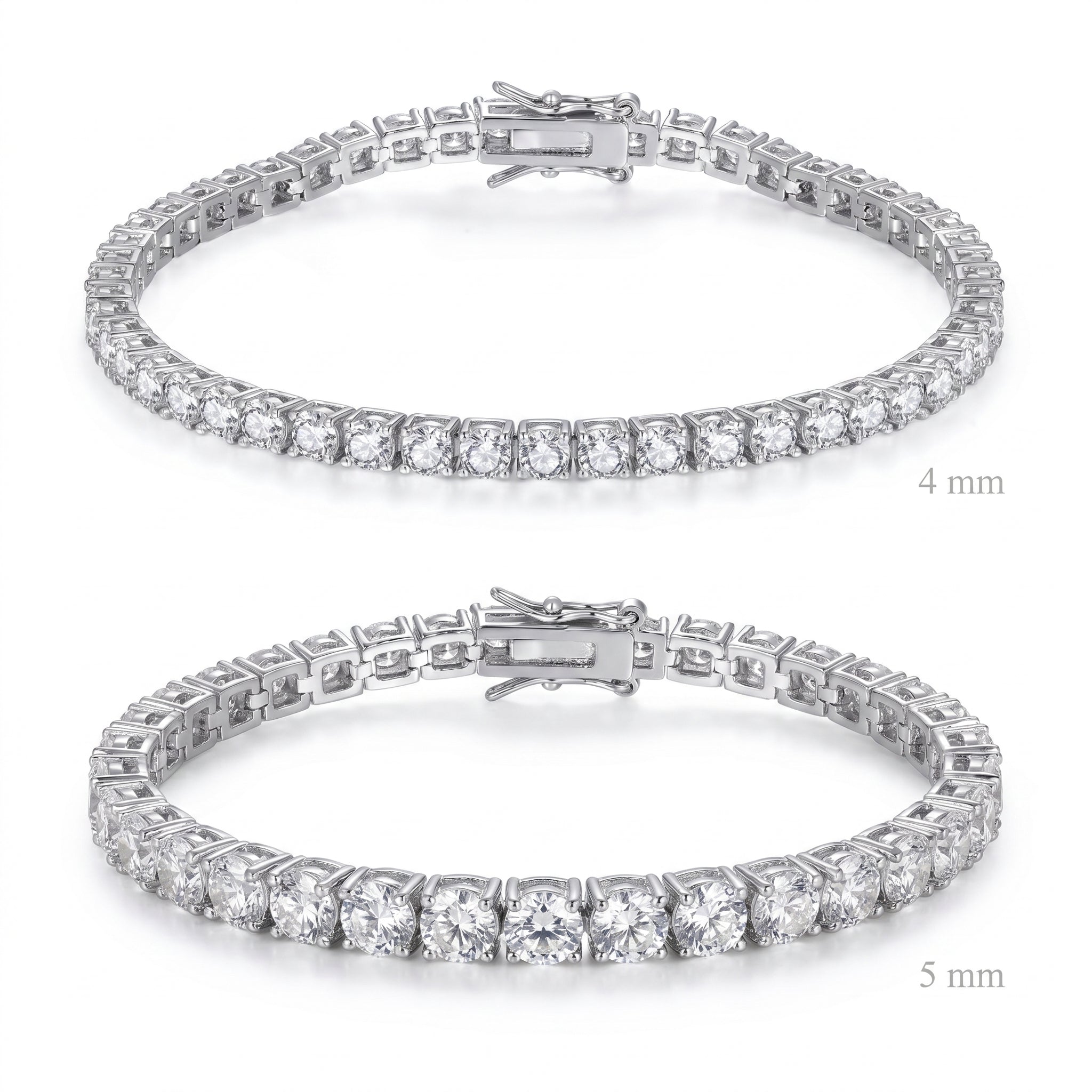Comparison of silver plated tennis bracelets in 4 mm and 5 mm widths