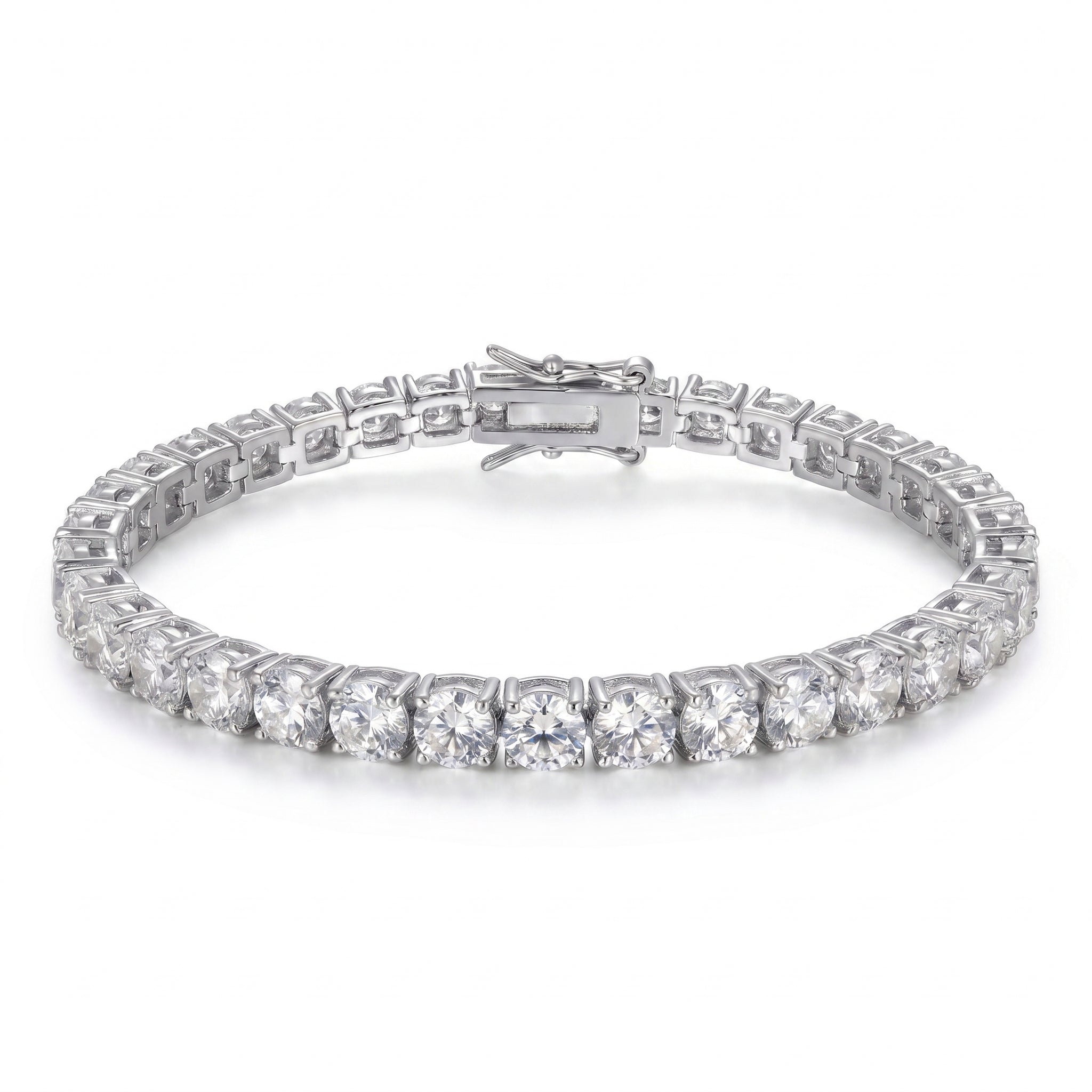Close up of silver plated tennis bracelet with cubic zirconia stones