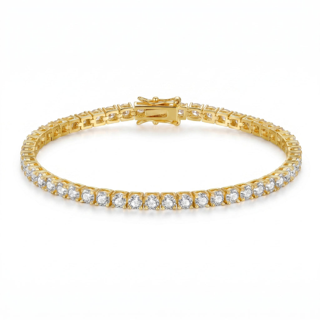 Side profile of gold plated tennis bracelet with AAA cubic zirconia
