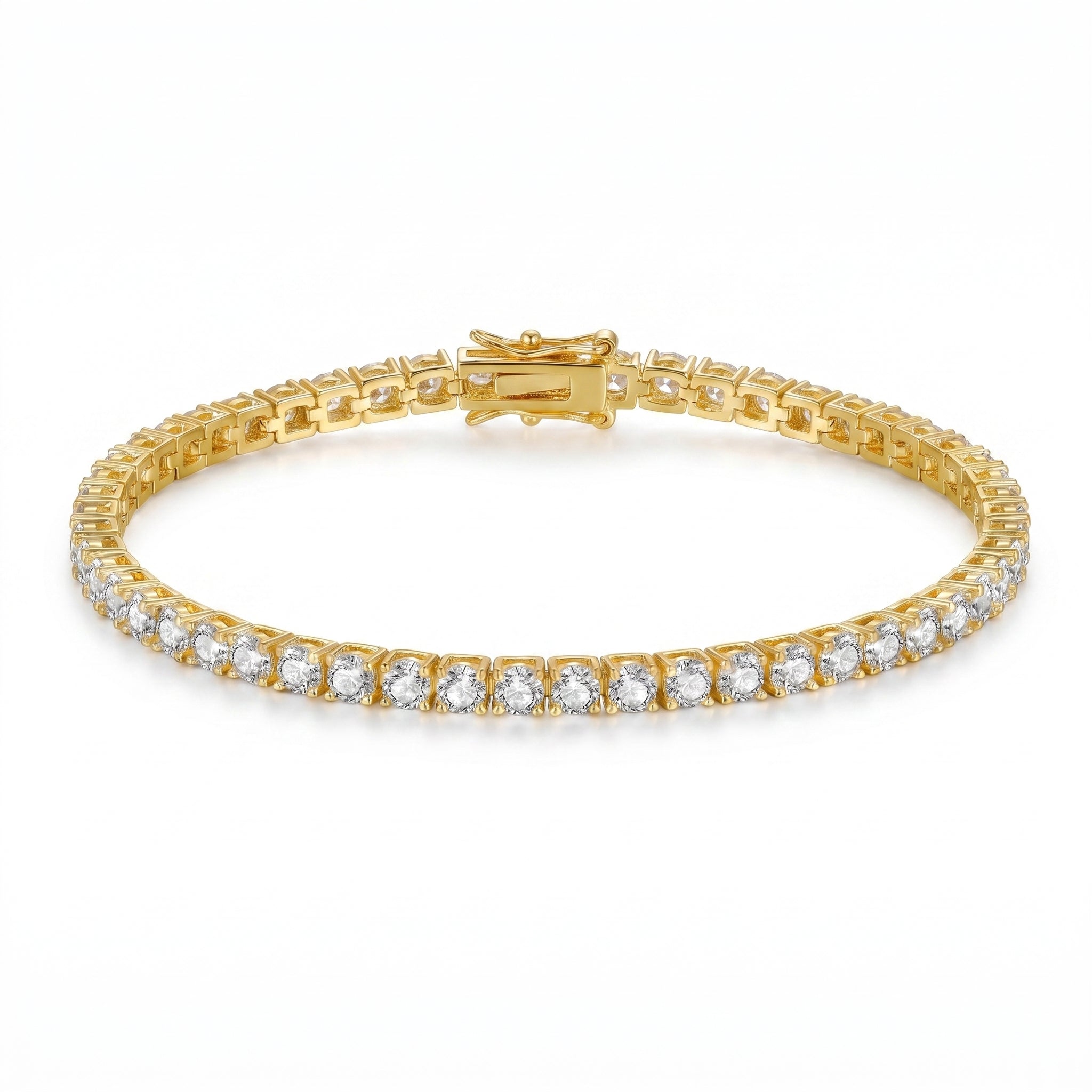 Side profile of gold plated tennis bracelet with AAA cubic zirconia