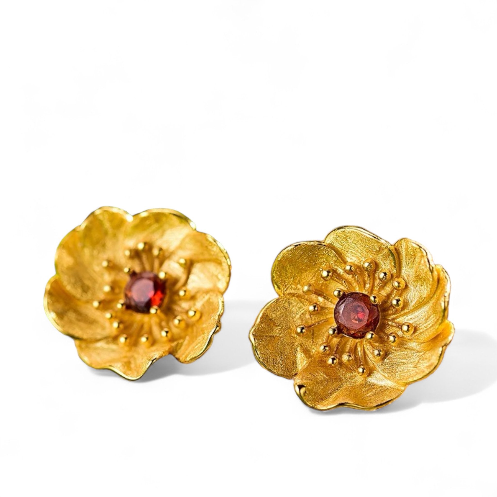 Gold Plated 925 Sterling Silver Flower Stud Earrings with Red Tourmaline Gemstone
