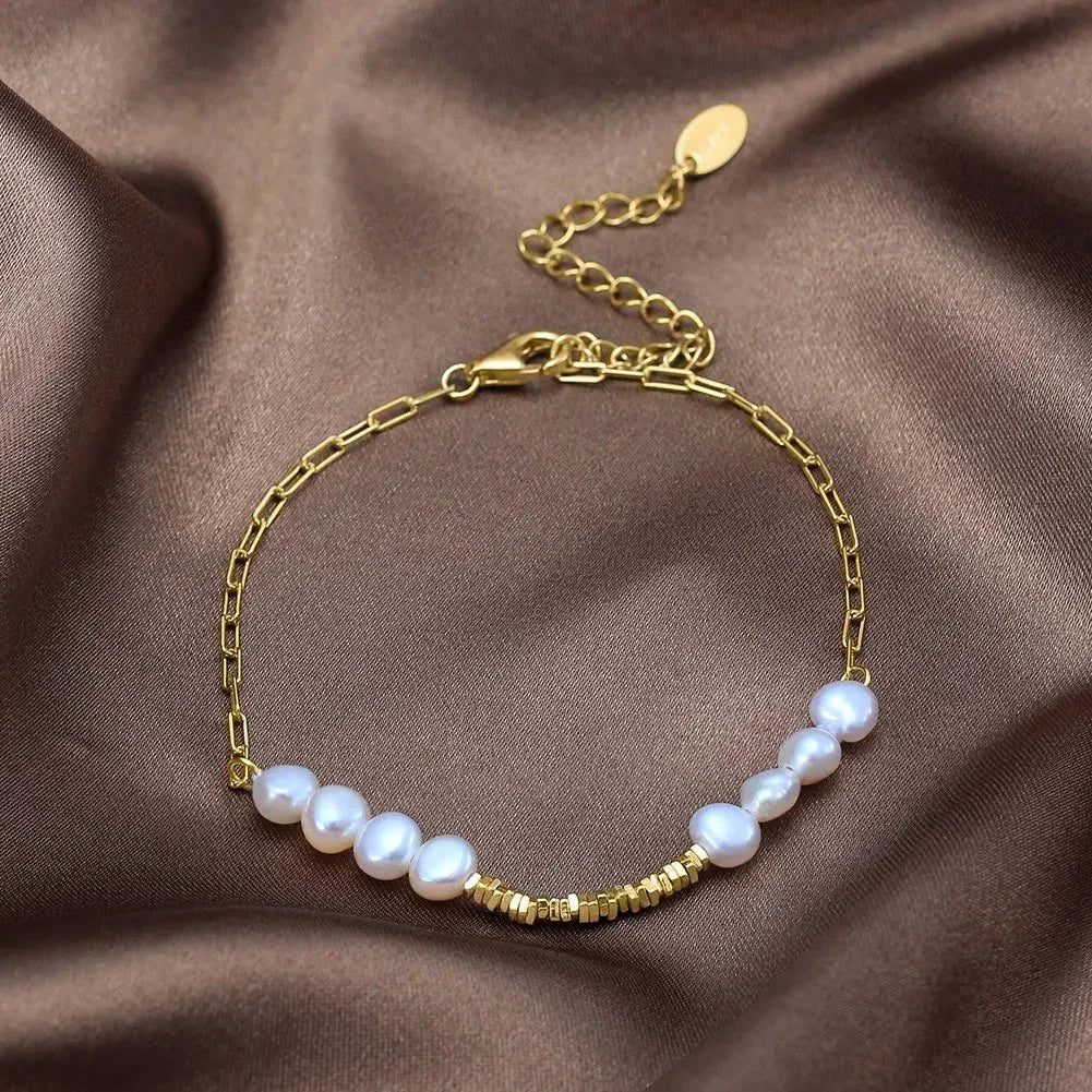 Pulsera Minimalista Barroca de Perlas de Agua Dulce – Plata 925 Bañada en Oro de 14K