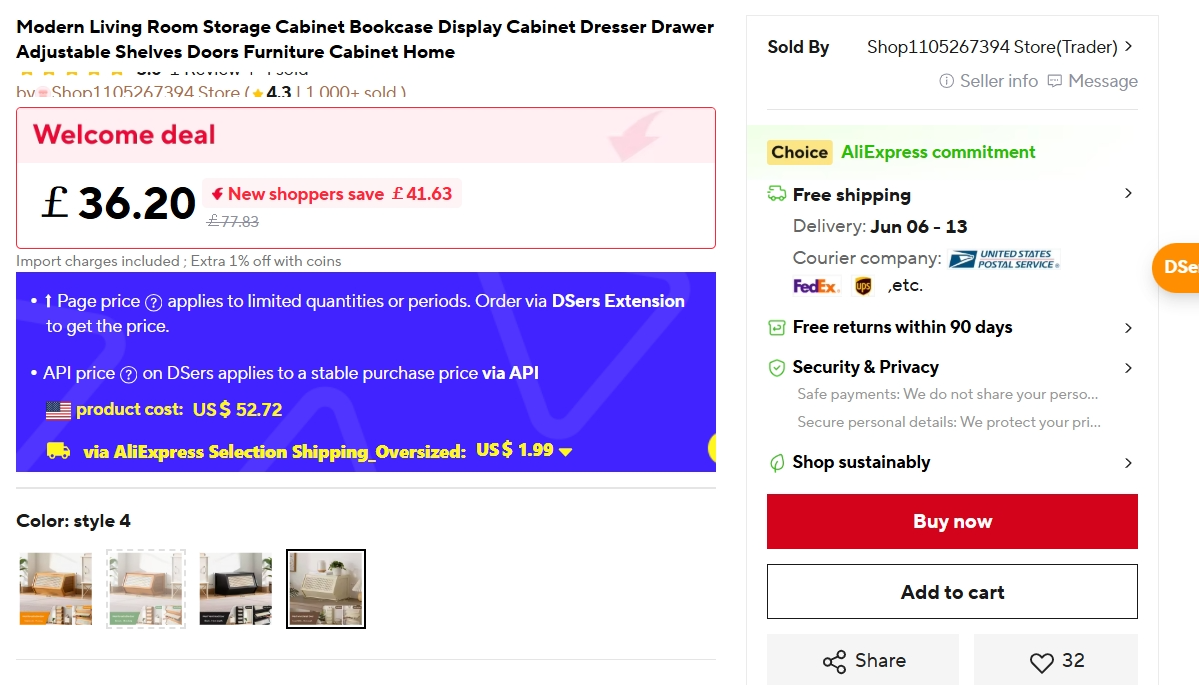 Modern Storage Cabinet Bookcase – Display Dresser with Adjustable Shelves & Doors