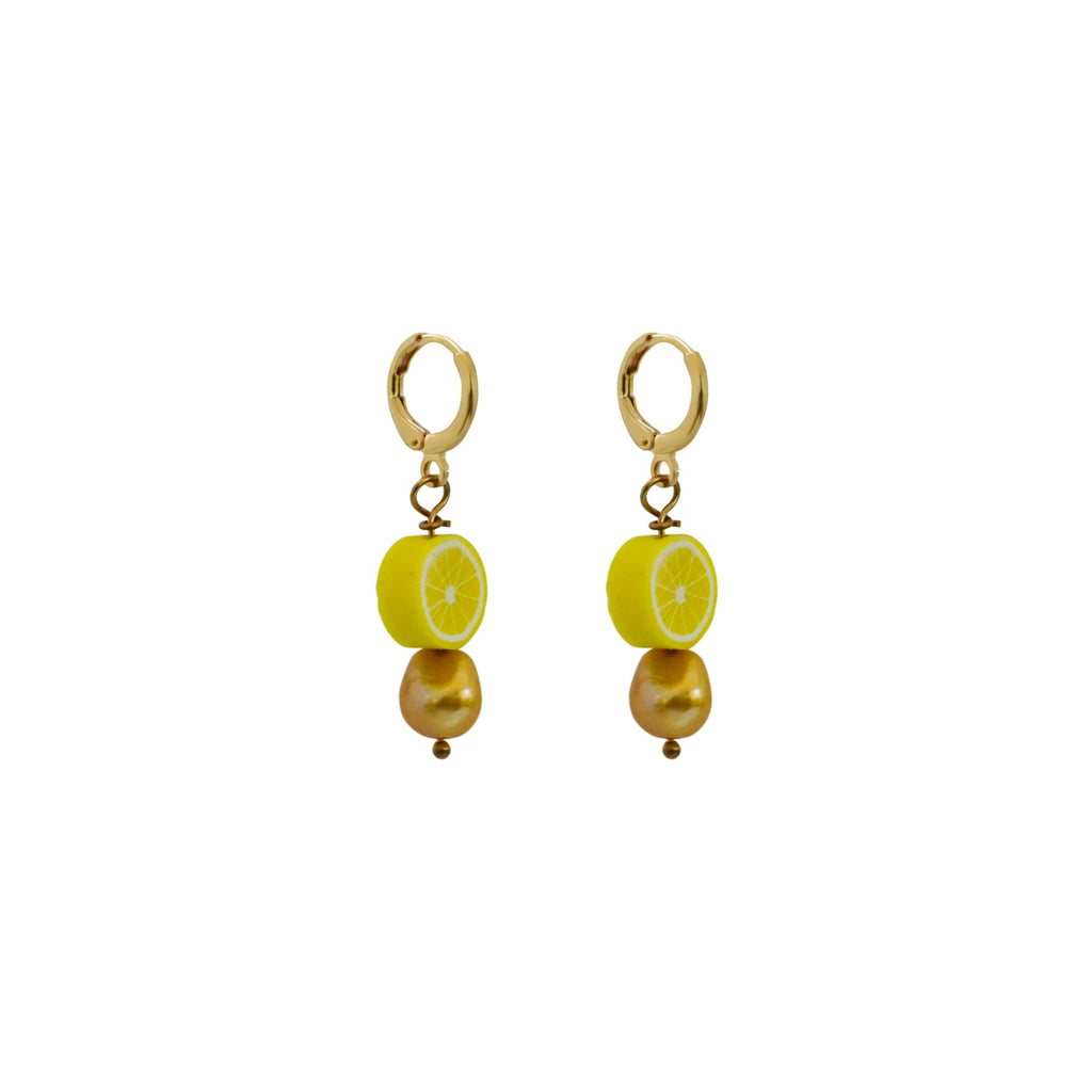 Gold freshwater pearl with lemon huggie earrings| by Ifemi Jewels